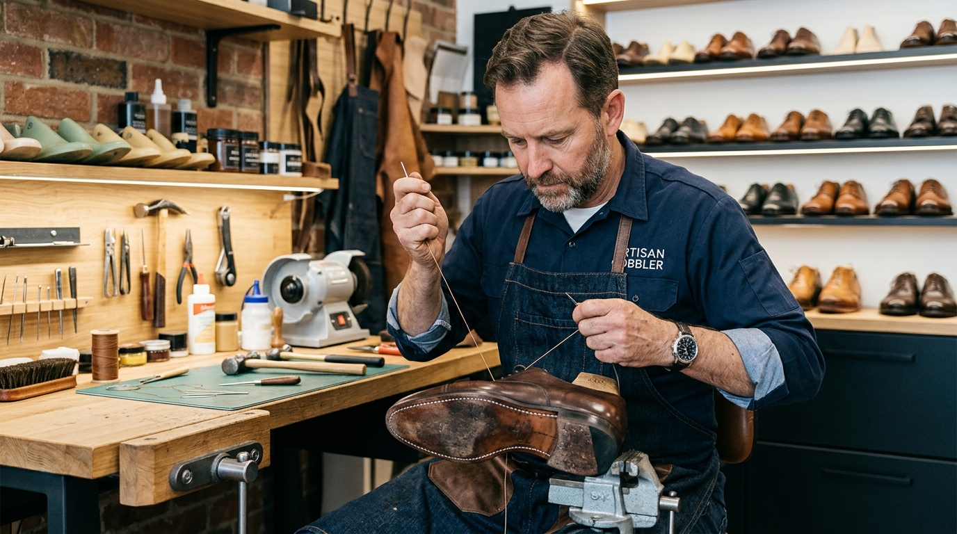 Shoe repair craftsman carefully restoring leather footwear